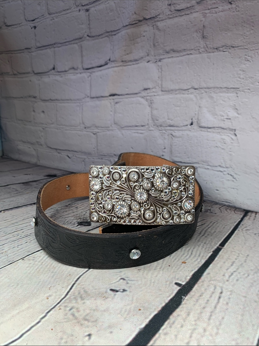 Stylish Black Leather Western Belt with Ornate Silver Buckle